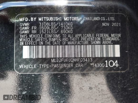 ✅ 2022 Mitsubishi Mirage ES • VIN: ML32FUFJ0NHF03413 • Lot: 42202266. Wystawiony na IAAI z przebiegiem 37 785 mil. Bezpłatny archiwum sprzedaży aukcyjnych z USA i szczegółowy raport historii pojazdu na DreamBid. Zdjęcie 9.