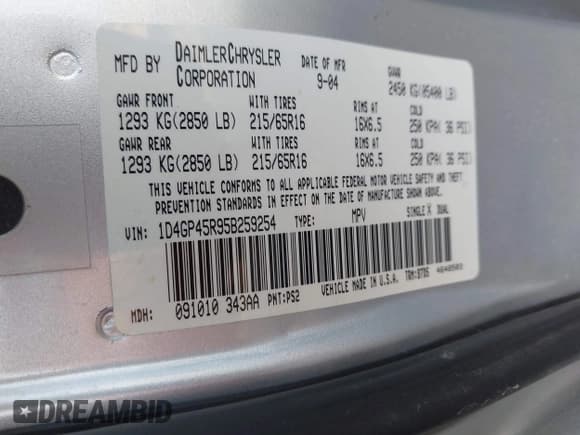 ✅ 2005 Dodge Caravan SXT • VIN: 1D4GP45R95B259254 • Лот: 43320777. Опубликован ранее на IAAI с пробегом 158 646 миль. Бесплатный доступ к архиву аукционных продаж из США и подробный отчёт об истории автомобиля на DreamBid. Изображение 9.