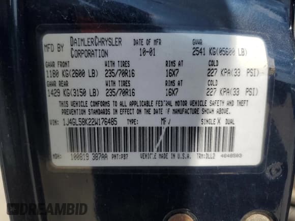 ✅ 2002 Jeep Liberty Limited • VIN: 1J4GL58K22W176485 • Lot: 57940135. Listed on Copart with 141,974 mi. Free auction sales archive from the USA and detailed vehicle history report at DreamBid. Image 13.