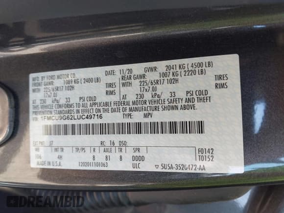 ✅ 2020 Ford Escape SE • VIN: 1FMCU9G62LUC49716 • Lot: 43649680. Listed on IAAI with 80,212 mi. Free auction sales archive from the USA and detailed vehicle history report at DreamBid. Image 9.