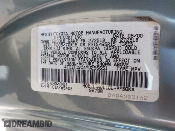 ✅ 2000 Toyota Sienna LE • VIN: 4T3ZF13C4YU296651 • Lot: 43770511. Listed on IAAI with 164,209 mi. Free auction sales archive from the USA and detailed vehicle history report at DreamBid. Image 9.