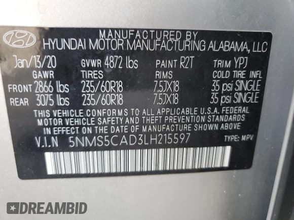 ✅ 2020 Hyundai Santa Fe Limited • VIN: 5NMS5CAD3LH215597 • Lot: 80988443. Wystawiony na Copart z przebiegiem 44 589 mil. Bezpłatny archiwum sprzedaży aukcyjnych z USA i szczegółowy raport historii pojazdu na DreamBid. Zdjęcie 16.