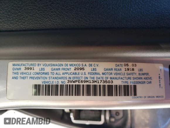 ✅ 2003 Volkswagen Jetta Wolfsburg Edition • VIN: 3VWPE69M13M173503 • Lot: 78755244. Listed on Copart with 180,753 mi. Free auction sales archive from the USA and detailed vehicle history report at DreamBid. Image 12.