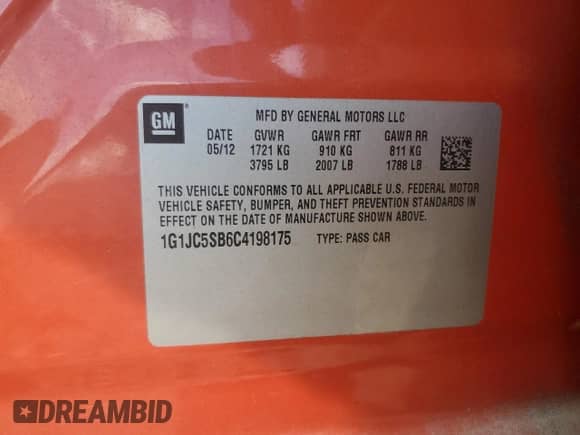 2012 Chevrolet Sonic LT с VIN 1G1JC5SB6C4198175, выставлен на аукционе Copart как лот 74021534 с пробегом Не указан миль и Списание • Salvage title. История ставок и продаж доступна на DreamBid. Изображение 13.