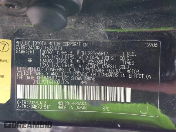 ✅ 2007 Toyota Highlander w/3rd Row • VIN: JTEEP21A470211261 • Lot: 43595750. Wystawiony na IAAI z przebiegiem Nie podano. Bezpłatny archiwum sprzedaży aukcyjnych z USA i szczegółowy raport historii pojazdu na DreamBid. Zdjęcie 9.