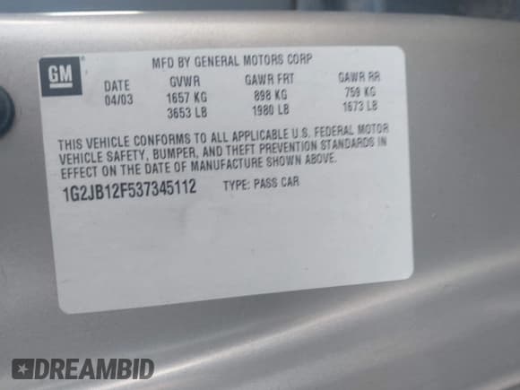 ✅ 2003 Pontiac Sunfire • VIN: 1G2JB12F537345112 • Lot: 43624279. Listed on IAAI with 315,164 mi. Free auction sales archive from the USA and detailed vehicle history report at DreamBid. Image 9.