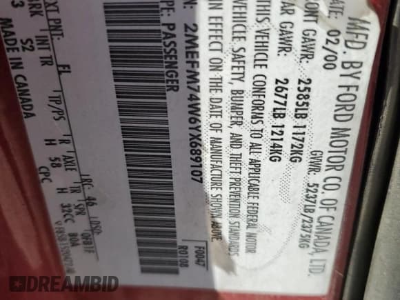 ✅ 2000 Mercury Grand Marquis GS • VIN: 2MEFM74W6YX689107 • Lot: 82719615. Wystawiony na Copart z przebiegiem 85 497 mil. Bezpłatny archiwum sprzedaży aukcyjnych z USA i szczegółowy raport historii pojazdu na DreamBid. Zdjęcie 12.