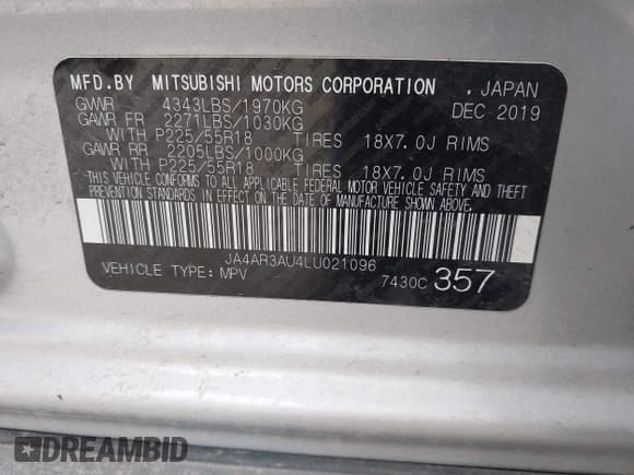 ✅ 2020 Mitsubishi Outlander ES • VIN: JA4AR3AU4LU021096 • Lot: 42874527. Listed on IAAI with 95,613 mi. Free auction sales archive from the USA and detailed vehicle history report at DreamBid. Image 9.