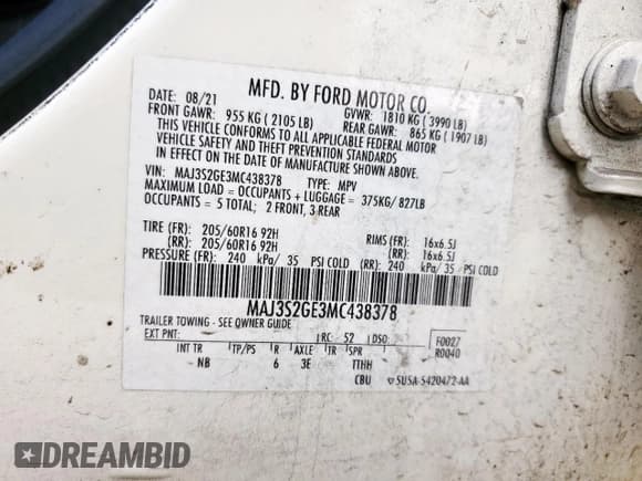 ✅ 2021 Ford EcoSport SE • VIN: MAJ3S2GE3MC438378 • Lot: 92484165. Listed on Copart with 78,483 mi. Free auction sales archive from the USA and detailed vehicle history report at DreamBid. Image 13.
