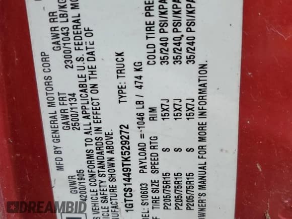 ✅ 1996 GMC Sonoma • VIN: 1GTCS1449TK529272 • Lot: 72480354. Listed on Copart with 154,245 mi. Free auction sales archive from the USA and detailed vehicle history report at DreamBid. Image 12.