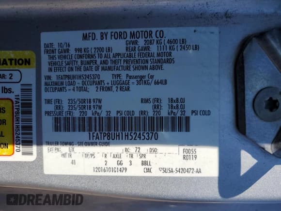 ✅ 2017 Ford Mustang EcoBoost Premium • VIN: 1FATP8UH1H5245370 • Lot: 69690685. Listed on Copart with 129,512 mi. Free auction sales archive from the USA and detailed vehicle history report at DreamBid. Image 12.