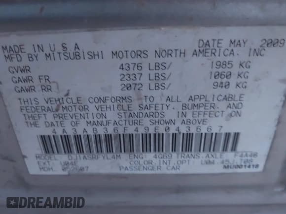 ✅ 2009 Mitsubishi Galant ES • VIN: 4A3AB36F49E043667 • Lot: 43749690. Listed on IAAI with 159,035 mi. Free auction sales archive from the USA and detailed vehicle history report at DreamBid. Image 9.