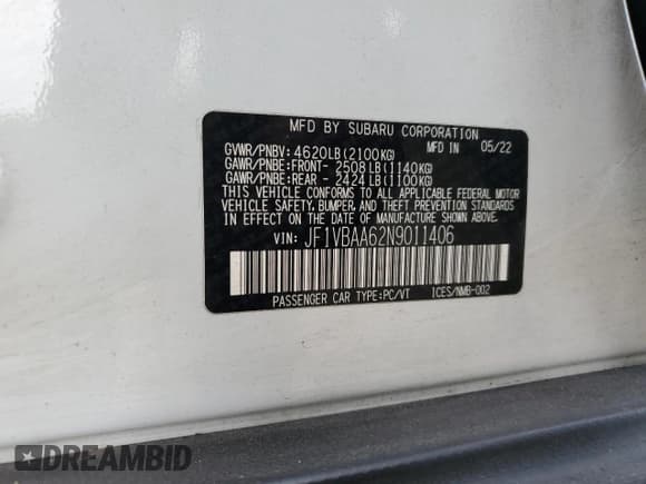 ✅ 2022 Subaru WRX • VIN: JF1VBAA62N9011406 • Lot: 84647475. Listed on Copart with 55,387 mi. Free auction sales archive from the USA and detailed vehicle history report at DreamBid. Image 12.