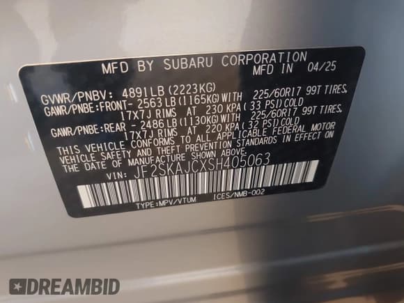 ✅ 2025 Subaru Forester Wilderness • VIN: JF2SKAJCXSH405063 • Lot: 42746916. Listed on IAAI with 73 mi. Free auction sales archive from the USA and detailed vehicle history report at DreamBid. Image 9.