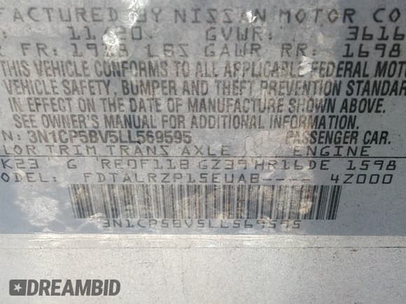 ✅ 2020 Nissan Kicks S • VIN: 3N1CP5BV5LL569595 • Lot: 43480960. Listed on IAAI with 57,479 mi. Free auction sales archive from the USA and detailed vehicle history report at DreamBid. Image 9.