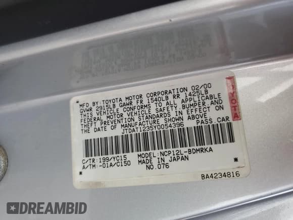 ✅ 2000 Toyota ECHO • VIN: JTDAT1235Y0054396 • Lot: 86734544. Listed on Copart with 244,088 mi. Free auction sales archive from the USA and detailed vehicle history report at DreamBid. Image 12.