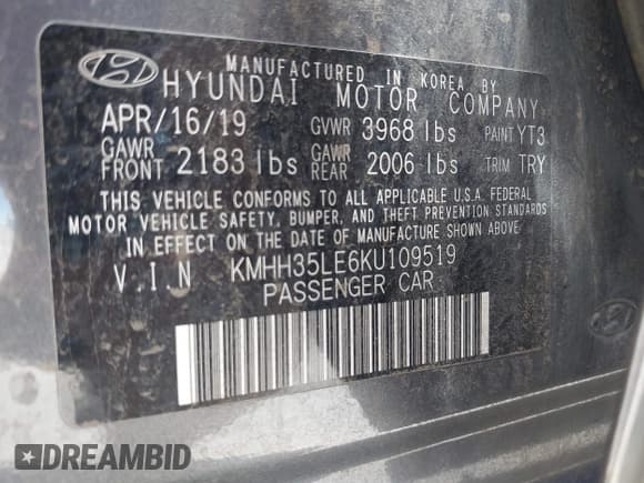 ✅ 2019 Hyundai Elantra • VIN: KMHH35LE6KU109519 • Lot: 42440088. Wystawiony na IAAI z przebiegiem 46 671 mil. Bezpłatny archiwum sprzedaży aukcyjnych z USA i szczegółowy raport historii pojazdu na DreamBid. Zdjęcie 9.