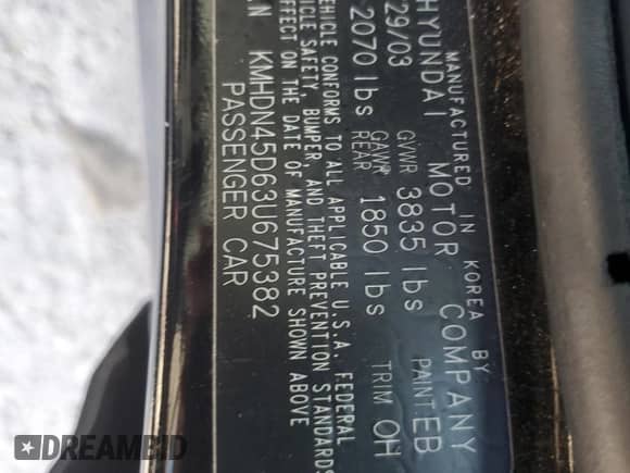 2003 Hyundai Elantra GLS with VIN KMHDN45D63U675382, listed as a Copart auction lot 76012974 with 140,218 mi miles and Salvage title. Bid and sale history available at DreamBid. Image 12.