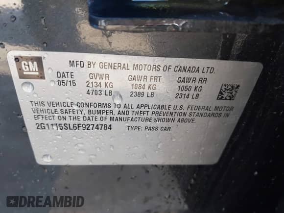 ✅ 2015 Chevrolet Impala LT • VIN: 2G1115SL6F9274784 • Lot: 43366455. Listed on IAAI with 147,617 mi. Free auction sales archive from the USA and detailed vehicle history report at DreamBid. Image 9.