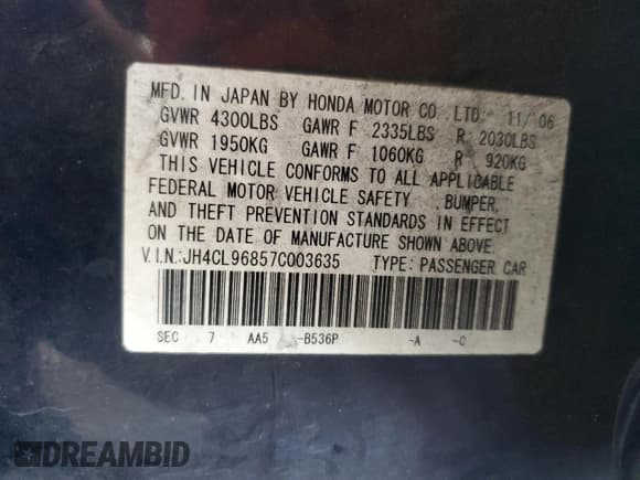 ✅ 2007 Acura TSX • VIN: JH4CL96857C003635 • Lot: 59767085. Listed on Copart with 143,607 mi. Free auction sales archive from the USA and detailed vehicle history report at DreamBid. Image 12.