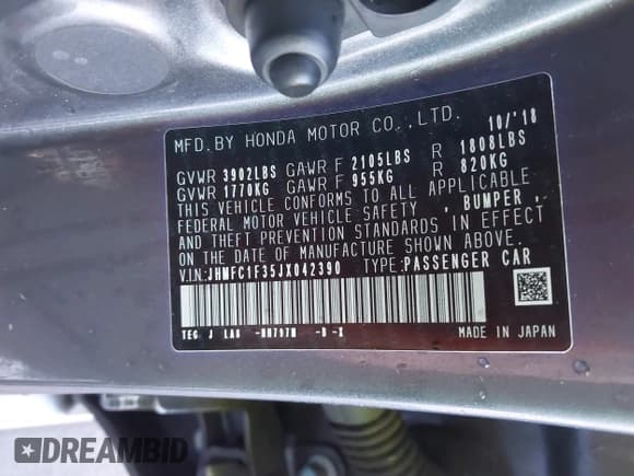 ✅ 2018 Honda Civic EX-T • VIN: JHMFC1F35JX042390 • Lot: 43767703. Listed on IAAI with 73,601 mi. Free auction sales archive from the USA and detailed vehicle history report at DreamBid. Image 9.