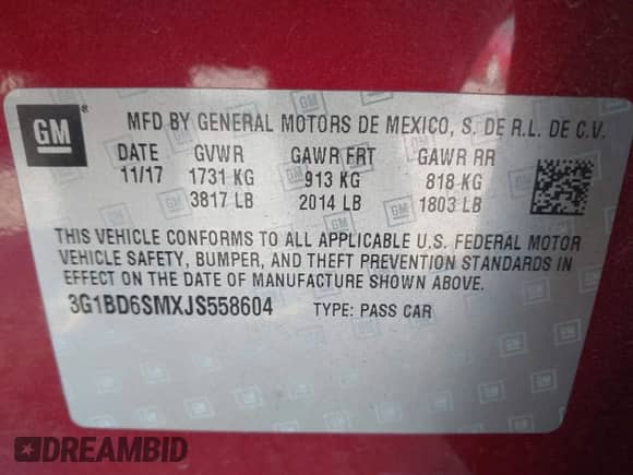 2018 Chevrolet Cruze LT with VIN 3G1BD6SMXJS558604, listed as a IAAI auction lot 41048285 with Not provided miles and . Bid and sale history available at DreamBid. Image 9.