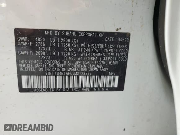 ✅ 2021 Subaru Outback Premium • VIN: 4S4BTAFC6M3129397 • Lot: 67679205. Listed on Copart with 66,640 mi. Free auction sales archive from the USA and detailed vehicle history report at DreamBid. Image 13.