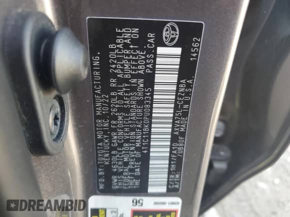 2023 Toyota Camry LE с VIN 4T1C11BK0PU083345, выставлен на аукционе Copart как лот 65721765 с пробегом Не указан миль и Списание • Salvage title. История ставок и продаж доступна на DreamBid. Изображение 13.