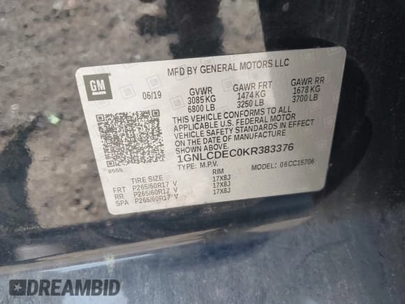 ✅ 2019 Chevrolet Tahoe Commercial • VIN: 1GNLCDEC0KR383376 • Lot: 42545306. Listed on IAAI with 62,737 mi. Free auction sales archive from the USA and detailed vehicle history report at DreamBid. Image 9.