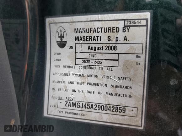 ✅ 2009 Maserati GranTurismo • VIN: ZAMGJ45A290042859 • Lot: 50303994. Listed on Copart with 44,226 mi. Free auction sales archive from the USA and detailed vehicle history report at DreamBid. Image 12.