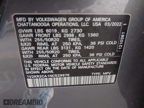 ✅ 2022 Volkswagen Atlas SE • VIN: 1V2KR2CA1NC529976 • Лот: 43065287. Опубликован ранее на IAAI с пробегом 65 338 миль. Бесплатный доступ к архиву аукционных продаж из США и подробный отчёт об истории автомобиля на DreamBid. Изображение 9.