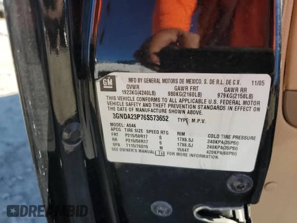 2006 Chevrolet HHR LT с VIN 3GNDA23P76S573652, выставлен на аукционе Copart как лот 81719834 с пробегом 116 439 миль миль и Списание • Salvage title. История ставок и продаж доступна на DreamBid. Изображение 13.