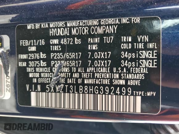 ✅ 2017 Hyundai Santa Fe 2.4L • VIN: 5XYZT3LB8HG392499 • Лот: 62284904. Опубликован ранее на Copart с пробегом 62 615 миль. Бесплатный доступ к архиву аукционных продаж из США и подробный отчёт об истории автомобиля на DreamBid. Изображение 14.