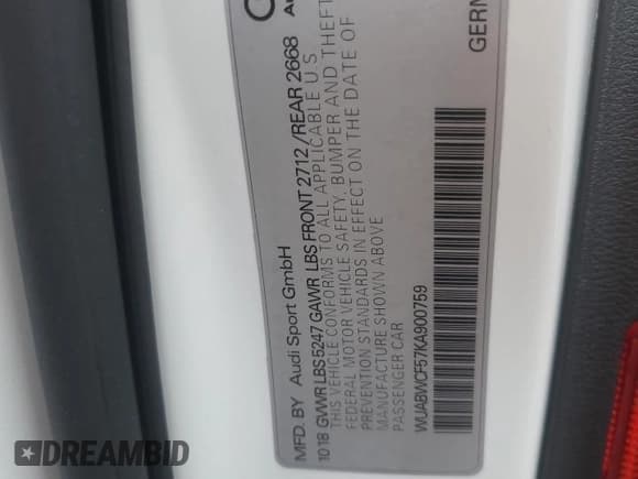 ✅ 2019 Audi RS 5 Sportback • VIN: WUABWCF57KA900759 • Lot: 80226165. Listed on Copart with 60,366 mi. Free auction sales archive from the USA and detailed vehicle history report at DreamBid. Image 12.