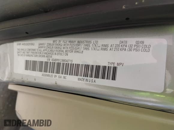 ✅ 2009 Subaru Outback Special Edition • VIN: 4S4BP61C996342715 • Lot: 43652163. Listed on IAAI with 156,148 mi. Free auction sales archive from the USA and detailed vehicle history report at DreamBid. Image 9.