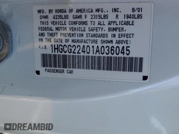 ✅ 2001 Honda Accord LX • VIN: 1HGCG22401A036045 • Lot: 80265104. Listed on Copart with 296,708 mi. Free auction sales archive from the USA and detailed vehicle history report at DreamBid. Image 12.