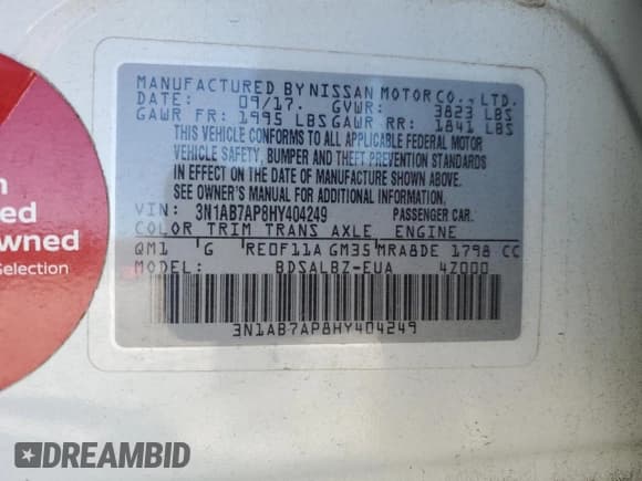 ✅ 2017 Nissan Sentra S • VIN: 3N1AB7AP8HY404249 • Лот: 92425625. Опубликован ранее на Copart с пробегом 97 567 миль. Бесплатный доступ к архиву аукционных продаж из США и подробный отчёт об истории автомобиля на DreamBid. Изображение 12.