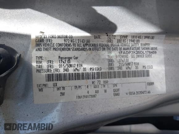 ✅ 2013 Ford Focus SE • VIN: 1FADP3K25DL178459 • Lot: 43450538. Listed on IAAI with 205,117 mi. Free auction sales archive from the USA and detailed vehicle history report at DreamBid. Image 9.