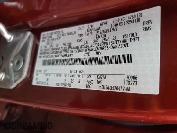 ✅ 2015 Ford Escape Titanium • VIN: 1FMCU9JX6FUA98241 • Lot: 90685515. Listed on Copart with 128,685 mi. Free auction sales archive from the USA and detailed vehicle history report at DreamBid. Image 13.