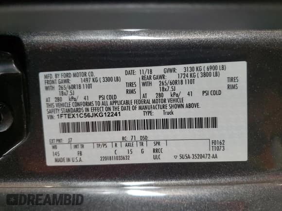 ✅ 2018 Ford F-150 XL • VIN: 1FTEX1C56JKG12241 • Лот: 90951255. Опубликован ранее на Copart с пробегом 69 928 миль. Бесплатный доступ к архиву аукционных продаж из США и подробный отчёт об истории автомобиля на DreamBid. Изображение 12.