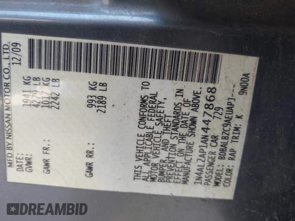 ✅ 2010 Nissan Altima SL • VIN: 1N4AL2AP1AN447868 • Lot: 43239256. Listed on IAAI with 223,410 mi. Free auction sales archive from the USA and detailed vehicle history report at DreamBid. Image 9.