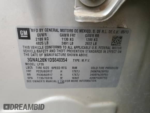 2013 Chevrolet Captiva Sport LS с VIN 3GNAL2EK1DS640354, выставлен на аукционе Copart как лот 72523884 с пробегом 102 706 миль миль и Чистый • Clean title. История ставок и продаж доступна на DreamBid. Изображение 15.