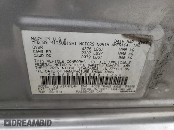 ✅ 2009 Mitsubishi Galant ES • VIN: 4A3AB36F69E011268 • Lot: 73410952. Listed on Copart with 213,147 mi. Free auction sales archive from the USA and detailed vehicle history report at DreamBid. Image 12.
