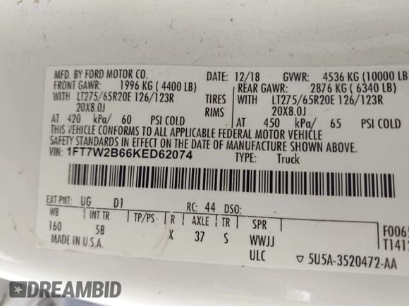 ✅ 2019 Ford F-250 XL • VIN: 1FT7W2B66KED62074 • Lot: 43092018. Listed on IAAI with 103,280 mi. Free auction sales archive from the USA and detailed vehicle history report at DreamBid. Image 9.