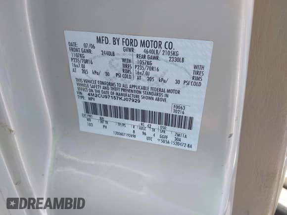 2007 Mercury Mariner Premier с VIN 4M2CU97157KJ07929, выставлен на аукционе IAAI как лот 42689862 с пробегом 173 772 миль миль и . История ставок и продаж доступна на DreamBid. Изображение 9.