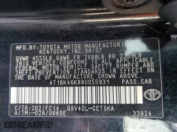 ✅ 2008 Toyota Camry SE • VIN: 4T1BK46K88U055931 • Lot: 84738135. Listed on Copart with 233,922 mi. Free auction sales archive from the USA and detailed vehicle history report at DreamBid. Image 12.