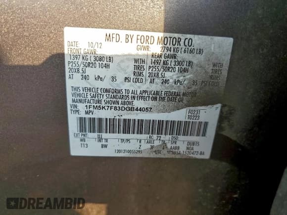 ✅ 2013 Ford Explorer Limited • VIN: 1FM5K7F83DGB44057 • Lot: 93959745. Wystawiony na Copart z przebiegiem 204 268 mil. Bezpłatny archiwum sprzedaży aukcyjnych z USA i szczegółowy raport historii pojazdu na DreamBid. Zdjęcie 13.