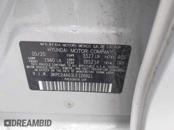 2020 Hyundai Accent SE with VIN 3KPC24A63LE126821, listed as a IAAI auction lot 41555407 with 33,639 mi miles and . Bid and sale history available at DreamBid. Image 9.