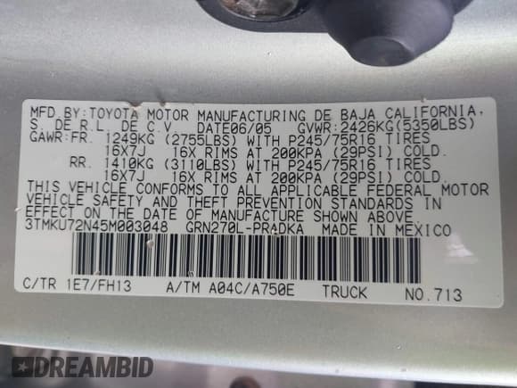 ✅ 2005 Toyota Tacoma PreRunner • VIN: 3TMKU72N45M003048 • Lot: 41789059. Listed on IAAI with 87,310 mi. Free auction sales archive from the USA and detailed vehicle history report at DreamBid. Image 9.