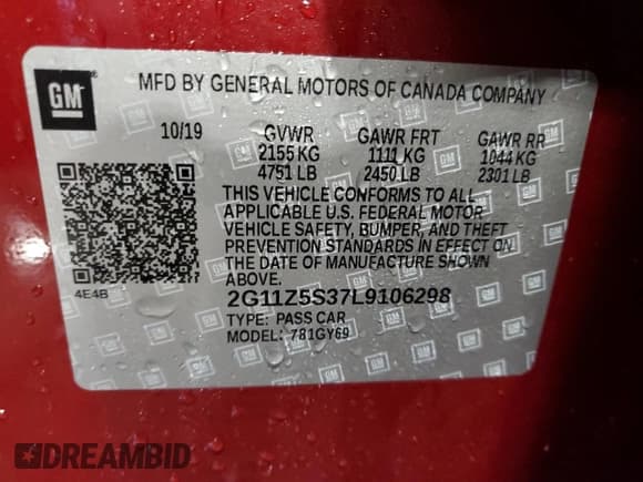 ✅ 2020 Chevrolet Impala LT • VIN: 2G11Z5S37L9106298 • Лот: 70383474. Опубликован ранее на Copart с пробегом 49 392 миль. Бесплатный доступ к архиву аукционных продаж из США и подробный отчёт об истории автомобиля на DreamBid. Изображение 15.